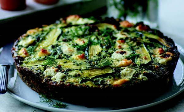 Spinach, leek, zucchini and feta bake
