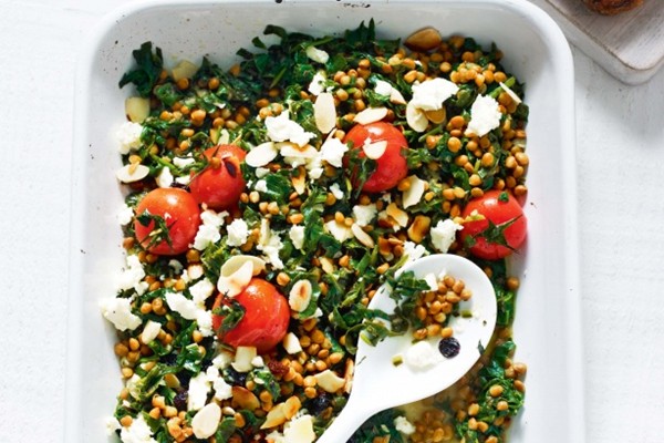 Spinach, lentil & feta bruschetta