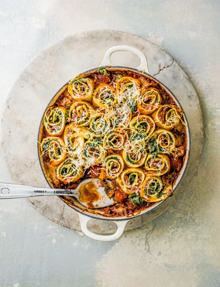 Spinach, mascarpone and ham hock rotolo