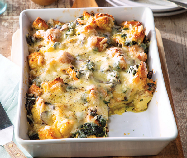 Spinach, mushroom, and Gruyère strata