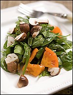 Spinach, mushroom and tomato salad with garlic-caper vinaigrette