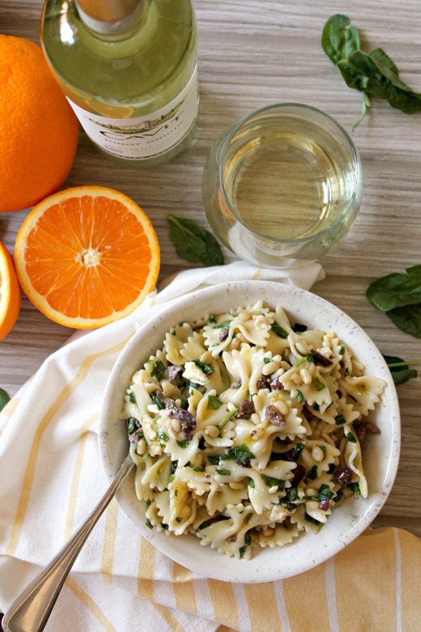 Spinach, olive, and feta pasta salad