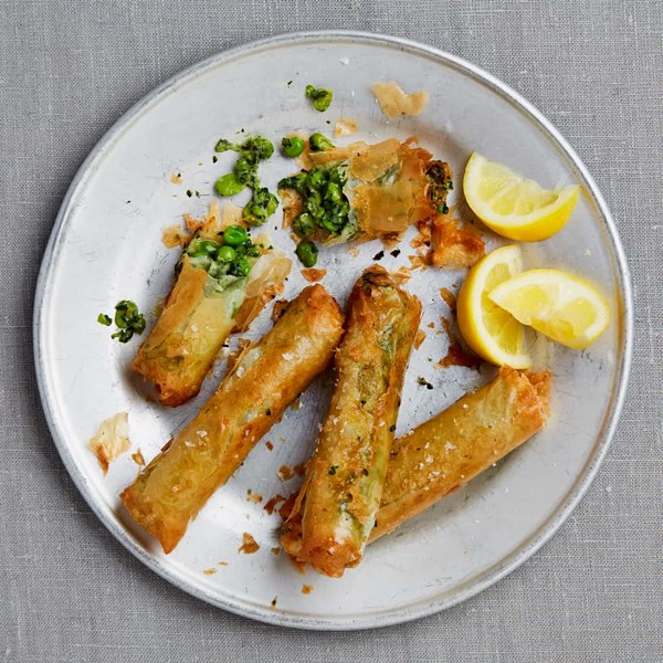 Spinach, pea and broad bean filo cigars
