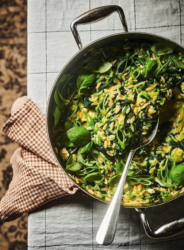 Spinach, pea, feta and basil one-pot orzo