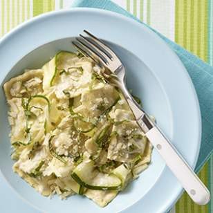 Spinach ravioli with zucchini ribbons