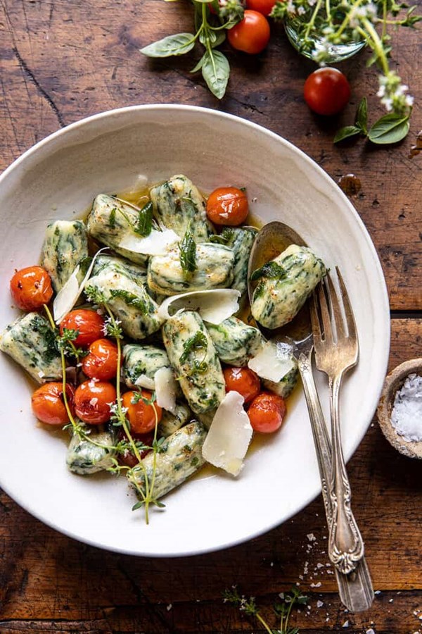Spinach ricotta gnocchi with sage butter and cherry tomatoes