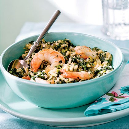 Spinach risotto with shrimp and goat cheese