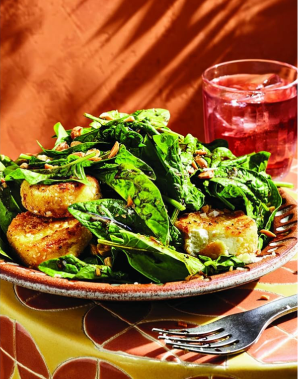 Spinach salad with almond-crusted goat cheese medallions