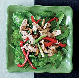 Spinach salad with stir-fried pork and warm ginger vinaigrette