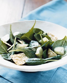 Spinach salad with tamarind dressing and pappadam croutons