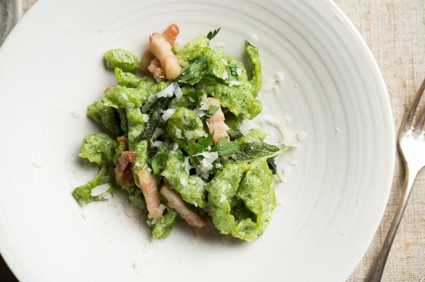 Spinach spaetzle with bacon and sage