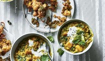 Spinach, squash and sweet potato dhal with cauliflower and spinach pakora