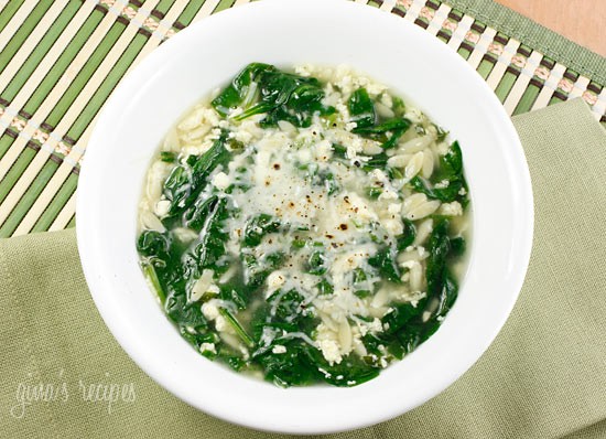 Spinach stracciatella soup with orzo