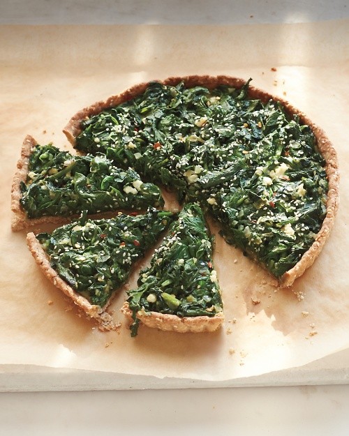 Spinach tart with olive-oil cracker crust