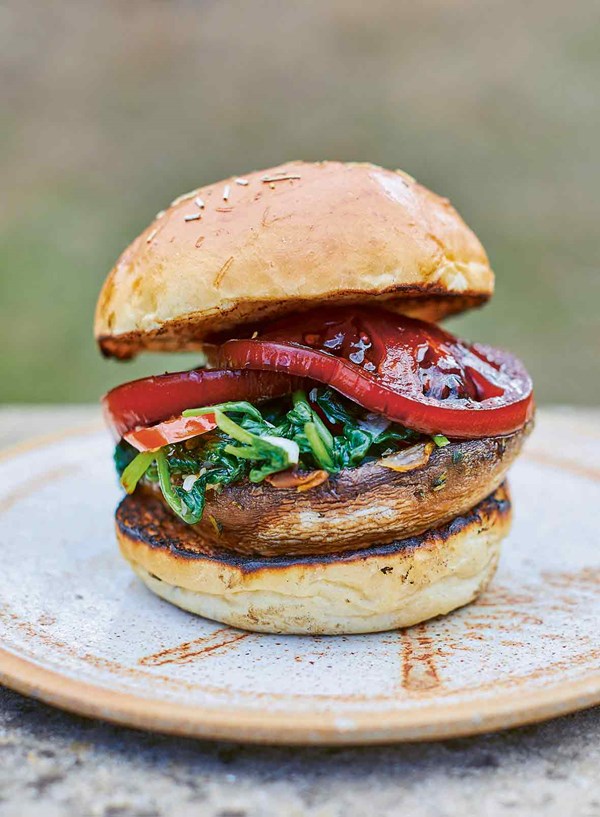 Spinach, tomato, and mushroom burger