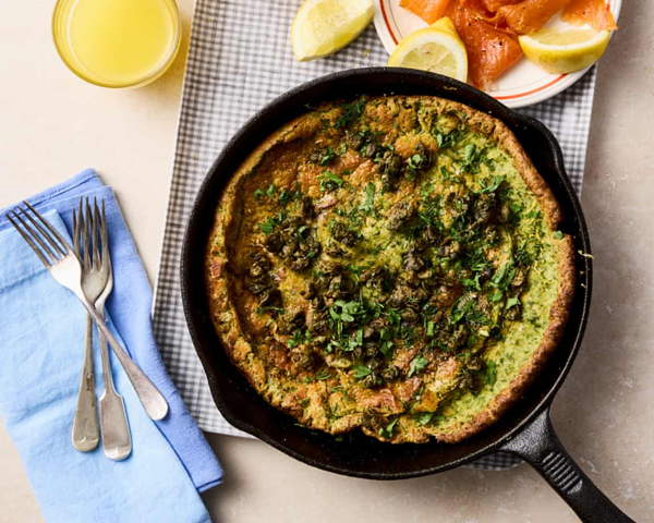Spinach, trout and caper Dutch baby