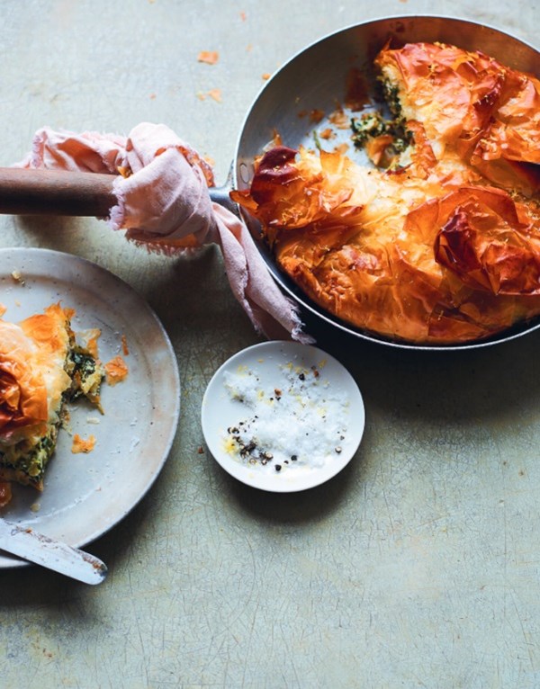 Spinach, watercress, & feta filo tart