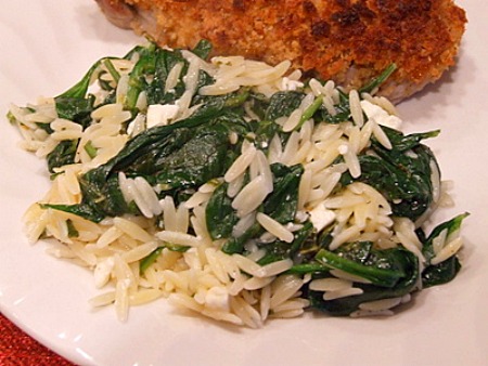 Spinach with orzo and feta
