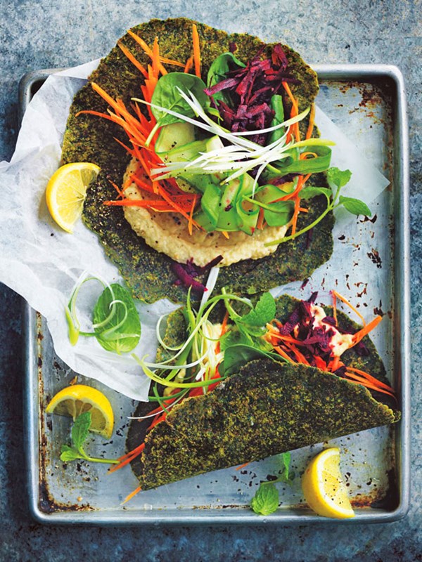 Spinach wraps with baba ghanoush, beetroot, carrot and cucumber