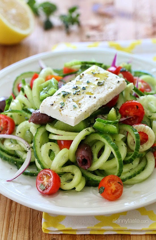 Spiralized Greek cucumber salad with lemon and feta
