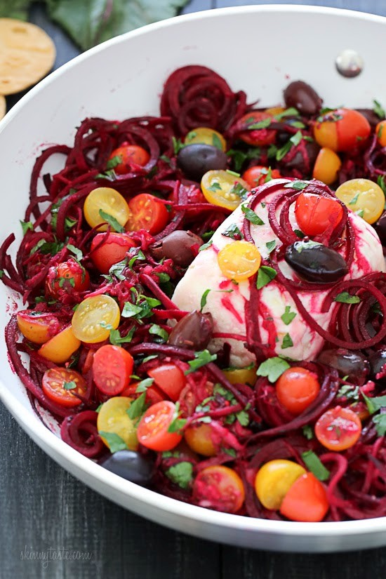 Spiralized Mediterranean beet and feta skillet bake
