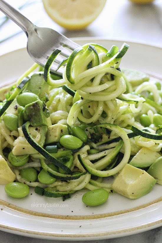Spiralized raw zucchini salad with avocado and edamame