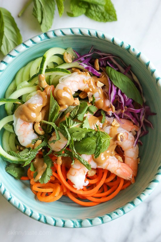 Spiralized summer roll bowls with hoisin peanut sauce