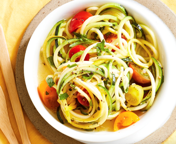 Spiralized summer squash with tomatoes & mint
