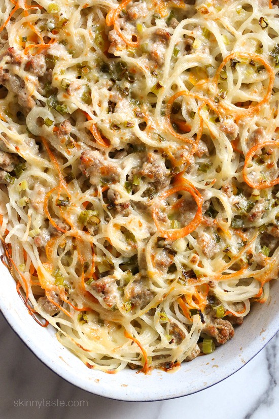 Spiralized turnip and potato au gratin casserole with turkey
