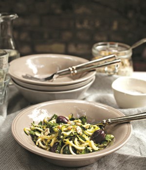 Spiralizer recipes - garlicky tagliatelle with black olives and pine nut ricotta