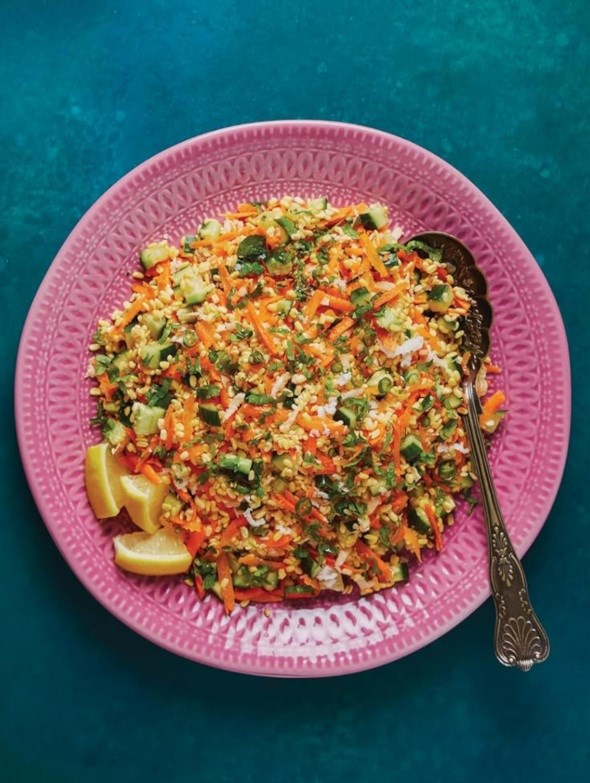 Split moong dal tossed with veggies and tempered spices (Mugachi koshimbir)