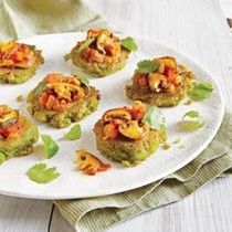 Split pea mini pancakes with mushroom relish