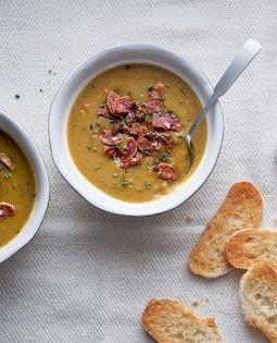 Split pea soup with salami & whole-grain mustard