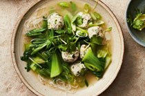 Spoon-drop chicken meatball noodle soup