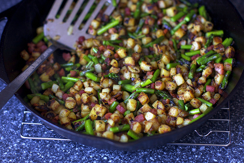 Spring asparagus pancetta hash