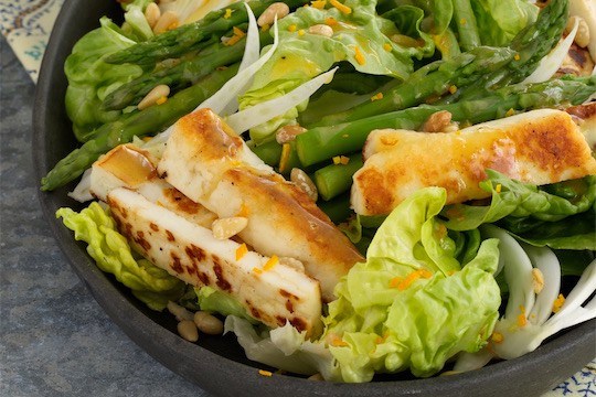 Spring Boston salad with asparagus, halloumi, and orange-Dijon vinaigrette