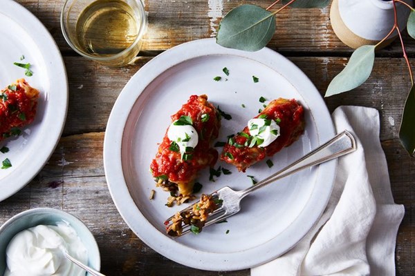 Spring cabbage rolls with mushrooms, lentils, rice and tomato sauce