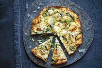 Spring cabbage, wild garlic, goat's cheese and duck egg strata