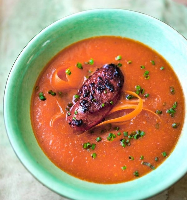 Spring carrot, coriander and chorizo soup