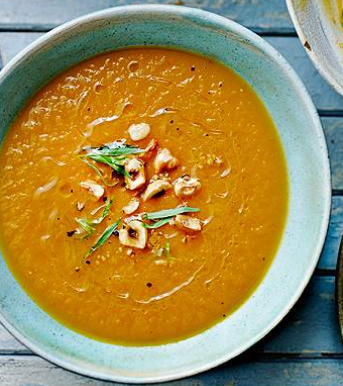 Spring carrot soup with toasted hazelnuts and tarragon