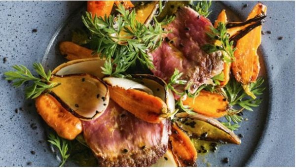 Spring carrots with seared beef and ginger and tangelo dressing