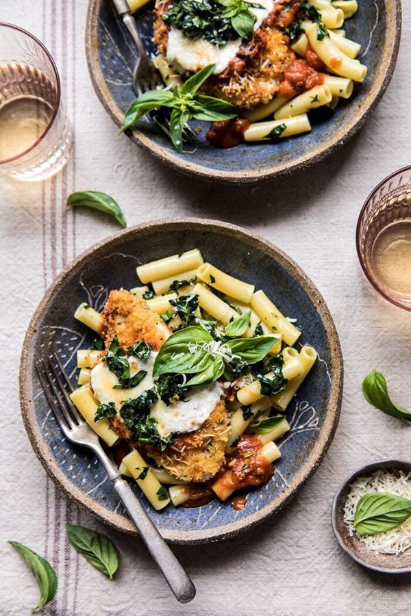 Spring chicken Parmesan with Tuscan kale pesto