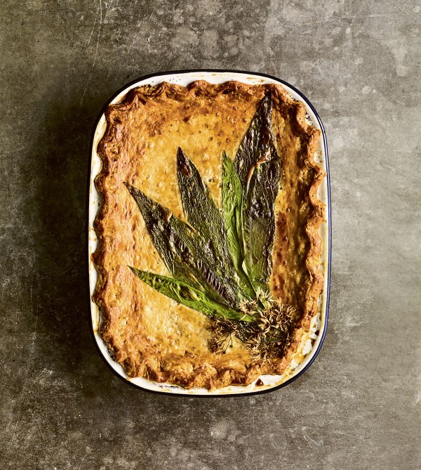 Spring chicken pie with wild garlic & asparagus