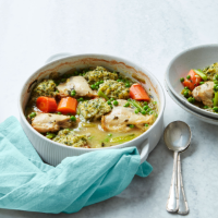 Spring chicken stew with peas and herbed dumplings