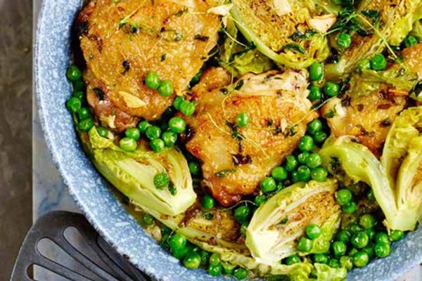 Spring chicken with braised lettuce and peas