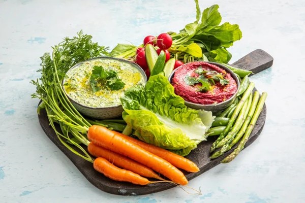 Spring crudité platter with seasonal dip duo