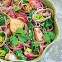 Spring farmers' market stir-fry of baby Japanese turnips, radishes, and soba