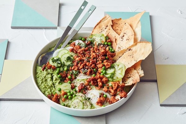 Spring fattoush with pea hummus and smoky prawns