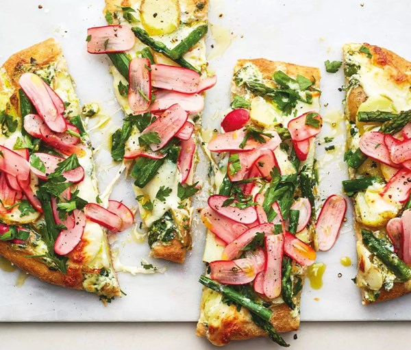 Spring feast pizza with Jersey Royals & radishes