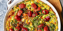 Spring frittata with crispy chorizo